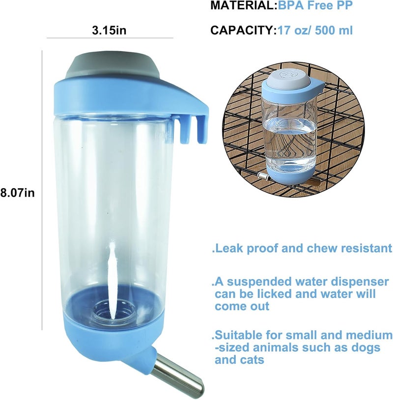 DEEUCHIS Dog Crate Water Bottle - 17 oz No Drip Kennel Pet Water Dispenser, Easy-to-Use Cage Water Bottle for Dogs, Cats, Small Animals, 500ML, Blue - Image 2